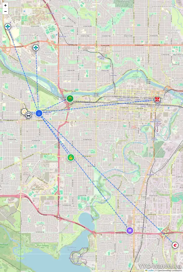 Daily accessibility map for 3014 13 AV SW, Calgary showing nearby schools, grocery stores, parks, LRT stations and nearby amenities