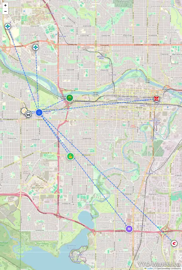 Daily accessibility map for 3012 13 AV SW, Calgary showing nearby schools, grocery stores, parks, LRT stations and nearby amenities