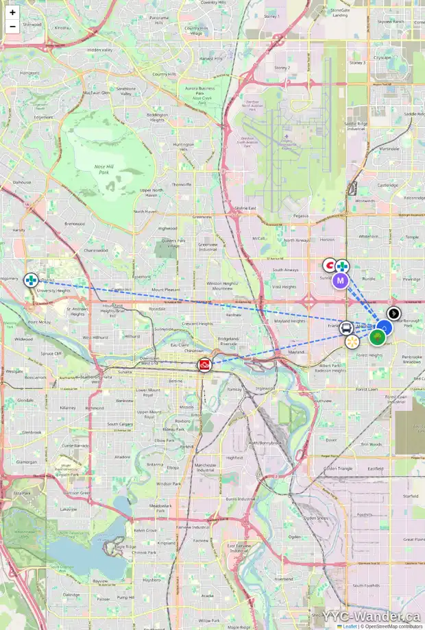 Daily accessibility map for 5052 MARSHALL RD NE, Calgary showing nearby schools, grocery stores, parks, LRT stations and nearby amenities