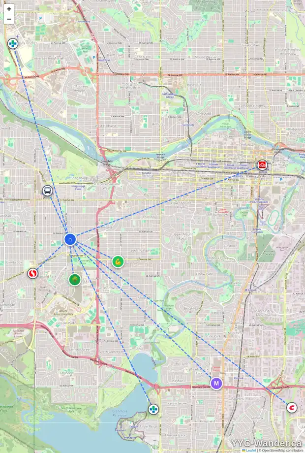 Daily accessibility map for 2831 28 ST SW, Calgary showing nearby schools, grocery stores, parks, LRT stations and nearby amenities