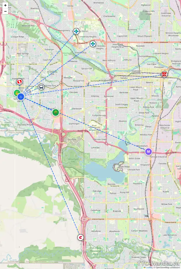 Daily accessibility map for 382 SPRING CREEK CI SW, Calgary showing nearby schools, grocery stores, parks, LRT stations and nearby amenities