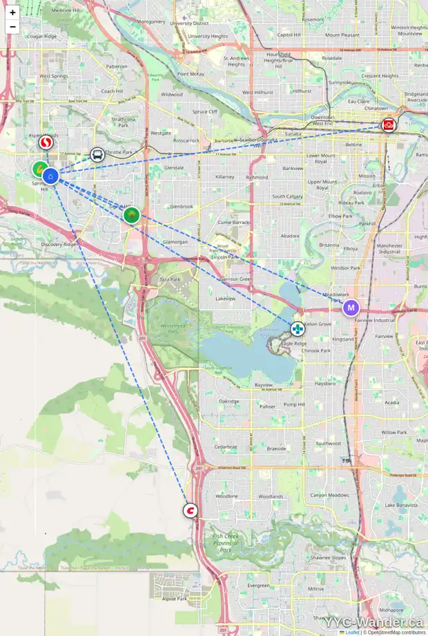 Daily accessibility map for 367 SPRING CREEK CI SW, Calgary showing nearby schools, grocery stores, parks, LRT stations and nearby amenities