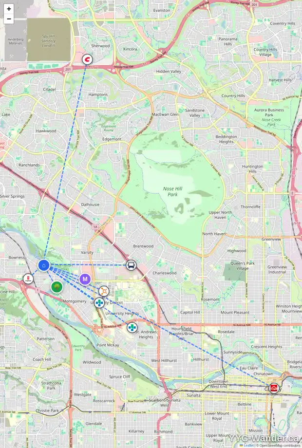 Daily accessibility map for 6410 BOW CR NW, Calgary showing nearby schools, grocery stores, parks, LRT stations and nearby amenities
