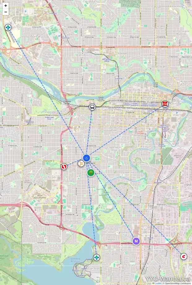 Daily accessibility map for 1828 31 AV SW, Calgary showing nearby schools, grocery stores, parks, LRT stations and nearby amenities