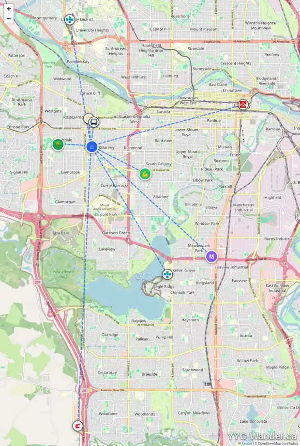 Daily accessibility map for 2428 35 ST SW, Calgary showing nearby schools, grocery stores, parks, LRT stations and nearby amenities