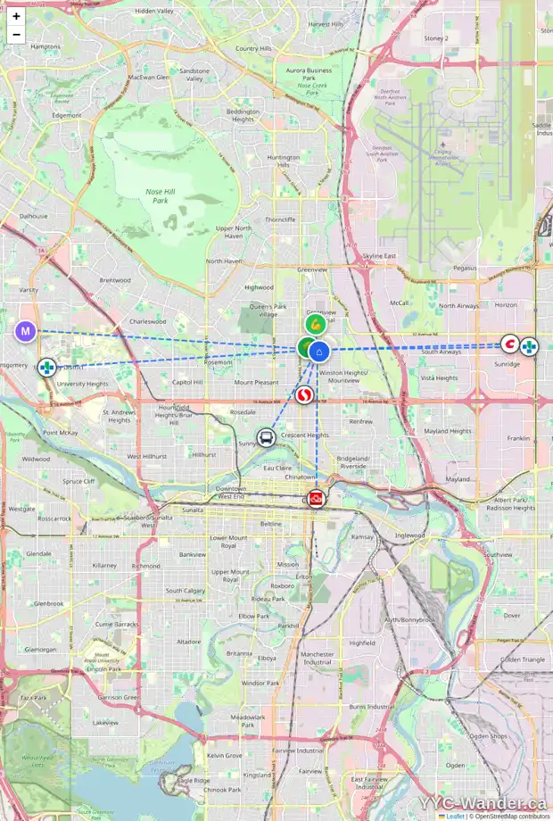 Daily accessibility map for 314 28 AV NE, Calgary showing nearby schools, grocery stores, parks, LRT stations and nearby amenities