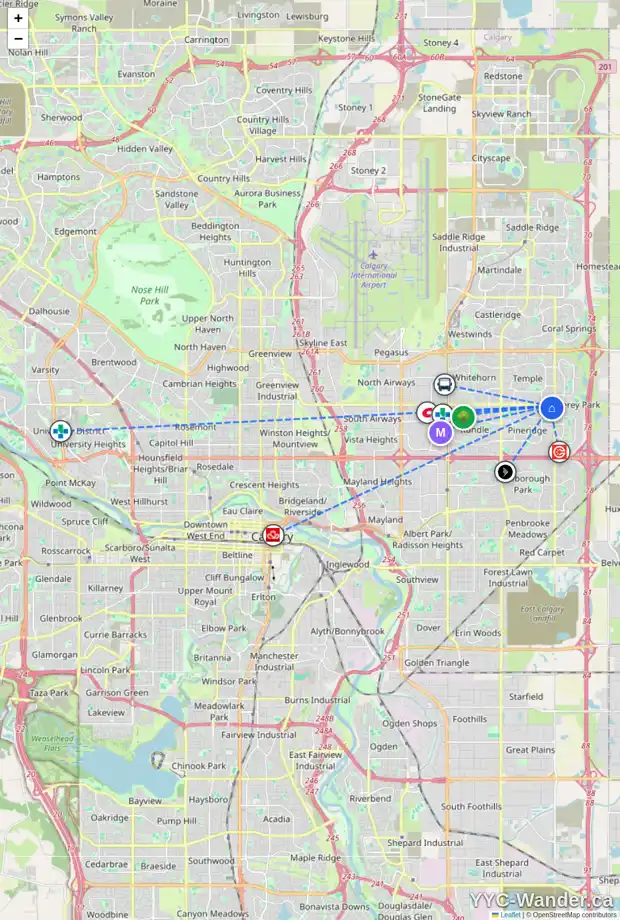 Daily accessibility map for 1055 PINECLIFF DR NE, Calgary showing nearby schools, grocery stores, parks, LRT stations and nearby amenities