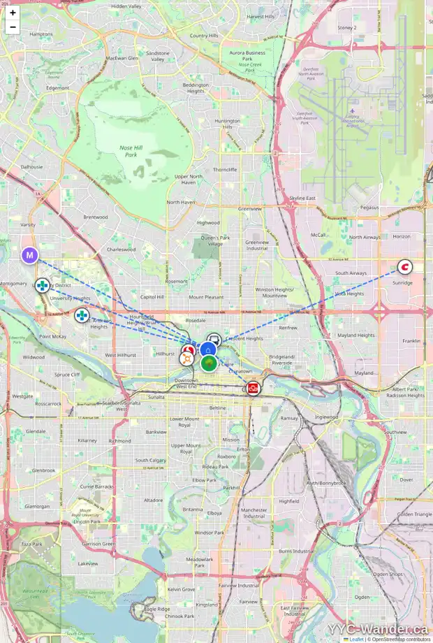 Daily accessibility map for 2 721 1 AV NW, Calgary showing nearby schools, grocery stores, parks, LRT stations and nearby amenities
