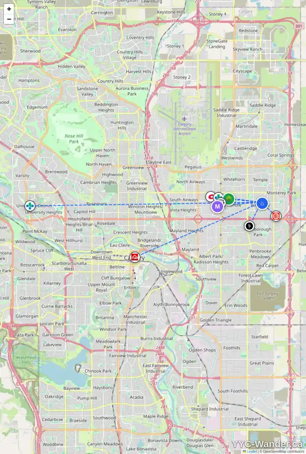 Daily accessibility map for 2704 60 ST NE, Calgary showing nearby schools, grocery stores, parks, LRT stations and nearby amenities
