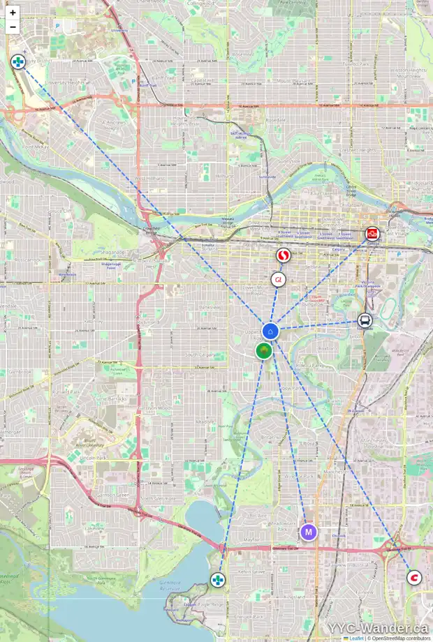 Daily accessibility map for 2605 8 ST SW, Calgary showing nearby schools, grocery stores, parks, LRT stations and nearby amenities