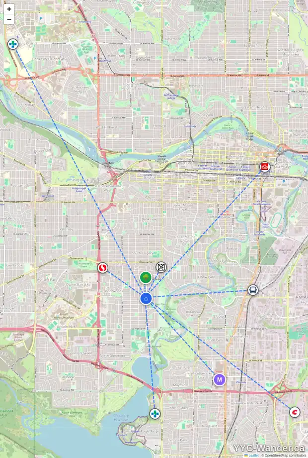 Daily accessibility map for 4305 16 ST SW, Calgary showing nearby schools, grocery stores, parks, LRT stations and nearby amenities