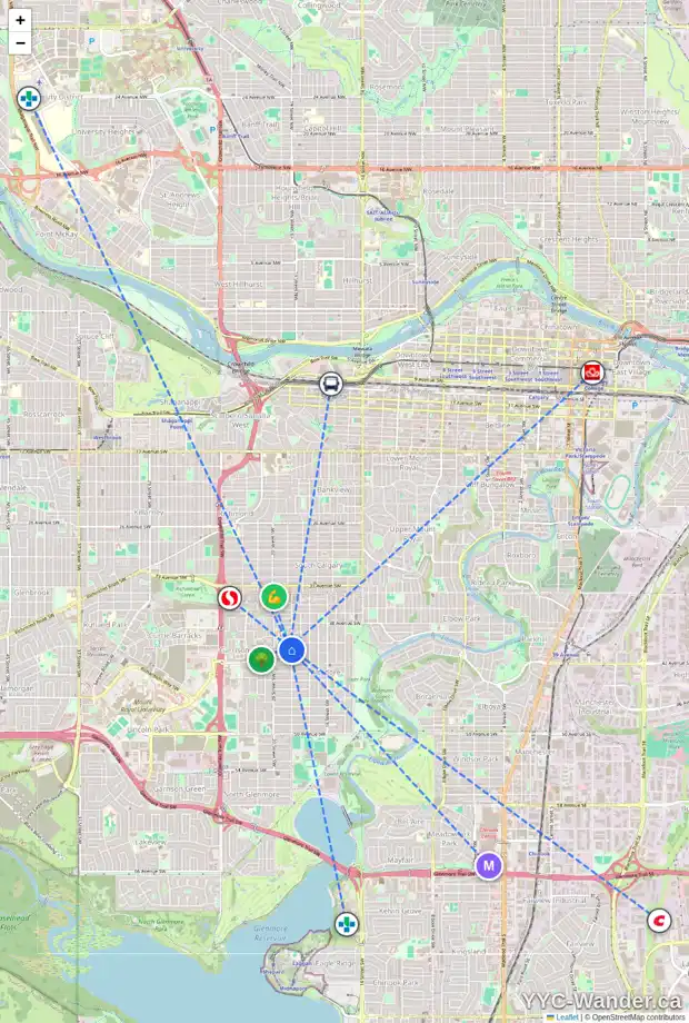 Daily accessibility map for 2003 40 AV SW, Calgary showing nearby schools, grocery stores, parks, LRT stations and nearby amenities