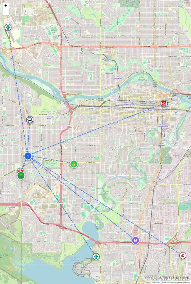 Daily accessibility map for 3108 KILDARE CR SW, Calgary showing nearby schools, grocery stores, parks, LRT stations and nearby amenities