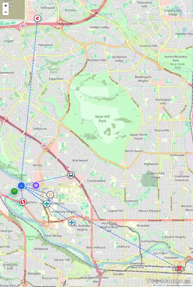 Daily accessibility map for 4 BOWBANK CR NW, Calgary showing nearby schools, grocery stores, parks, LRT stations and nearby amenities