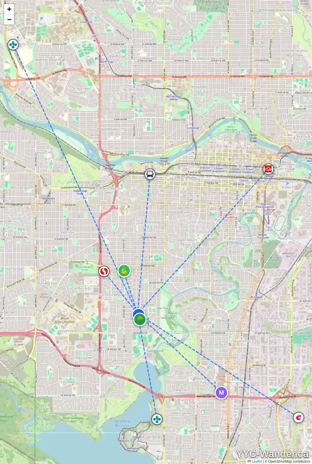 Daily accessibility map for 1917 45 AV SW, Calgary showing nearby schools, grocery stores, parks, LRT stations and nearby amenities