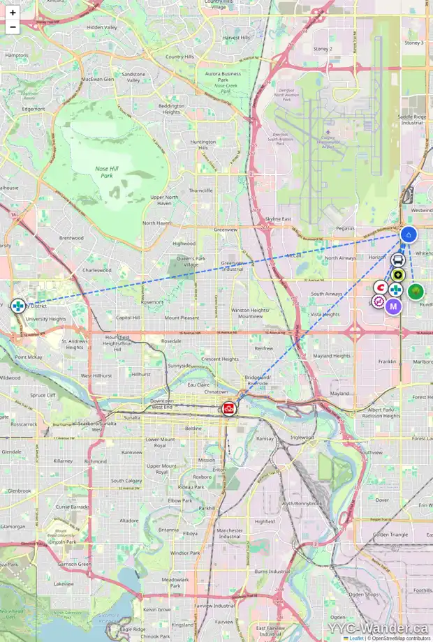 Daily accessibility map for 68 WHITEHAVEN RD NE, Calgary showing nearby schools, grocery stores, parks, LRT stations and nearby amenities