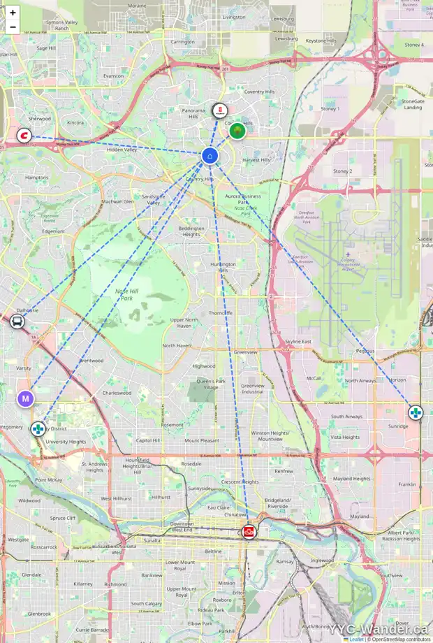 Daily accessibility map for 128 10888 PANORAMA HILLS BV NW, Calgary showing nearby schools, grocery stores, parks, LRT stations and nearby amenities