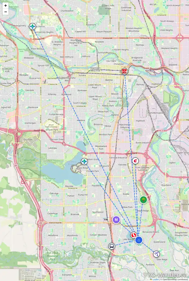 Daily accessibility map for 1024 LAKE TWINTREE DR SE, Calgary showing nearby schools, grocery stores, parks, LRT stations and nearby amenities