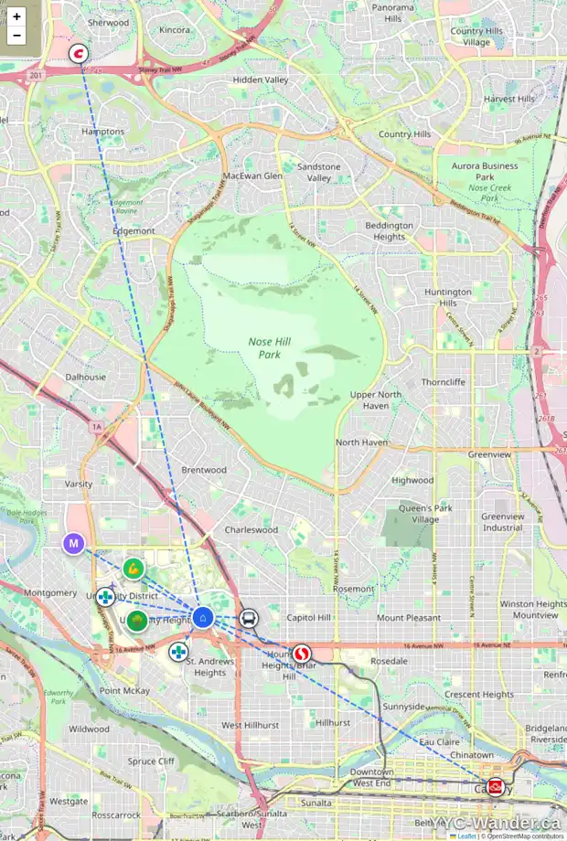 Daily accessibility map for 2905 UNWIN RD NW, Calgary showing nearby schools, grocery stores, parks, LRT stations and nearby amenities