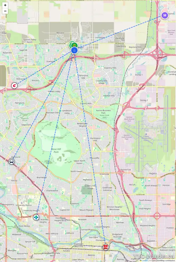 Daily accessibility map for 49 CARRINGSBY WY NW, Calgary showing nearby schools, grocery stores, parks, LRT stations and nearby amenities