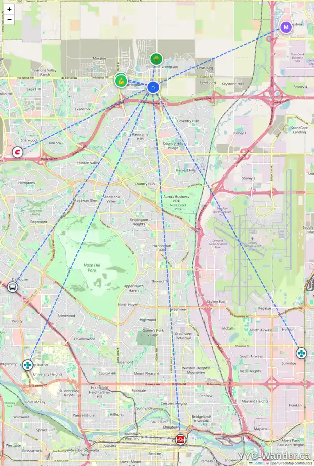 Daily accessibility map for 230 CARRINGTON GA NW, Calgary showing nearby schools, grocery stores, parks, LRT stations and nearby amenities