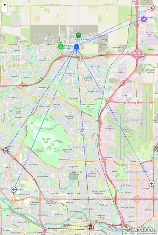 Daily accessibility map for 256 142 AV NW, Calgary showing nearby schools, grocery stores, parks, LRT stations and nearby amenities
