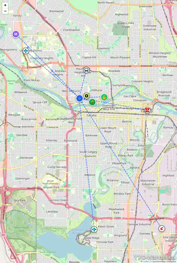 Daily accessibility map for 2115 WESTMOUNT RD NW, Calgary showing nearby schools, grocery stores, parks, LRT stations and nearby amenities