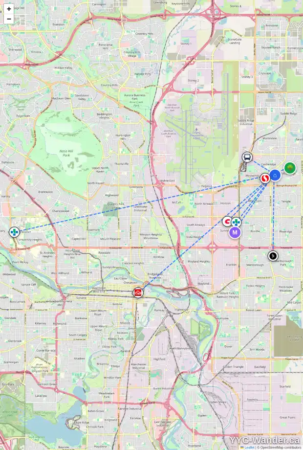 Daily accessibility map for 19 FALSBY WY NE, Calgary showing nearby schools, grocery stores, parks, LRT stations and nearby amenities