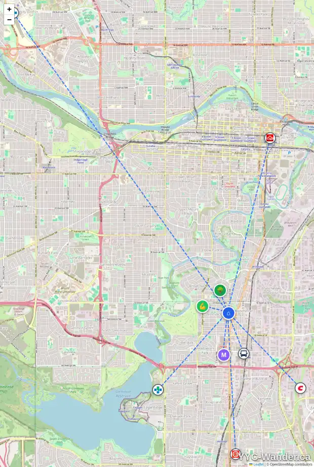 Daily accessibility map for 411 52 AV SW, Calgary showing nearby schools, grocery stores, parks, LRT stations and nearby amenities