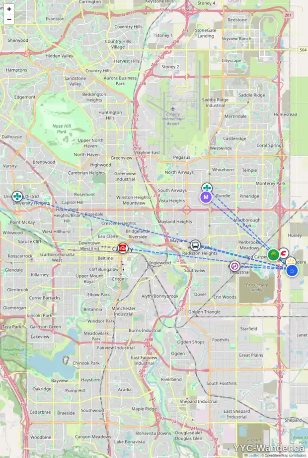 Daily accessibility map for 8515 21 AV SE, Calgary showing nearby schools, grocery stores, parks, LRT stations and nearby amenities
