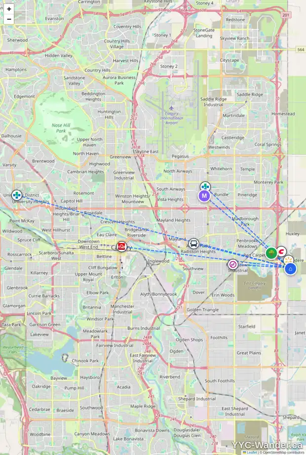 Daily accessibility map for 8541 21 AV SE, Calgary showing nearby schools, grocery stores, parks, LRT stations and nearby amenities