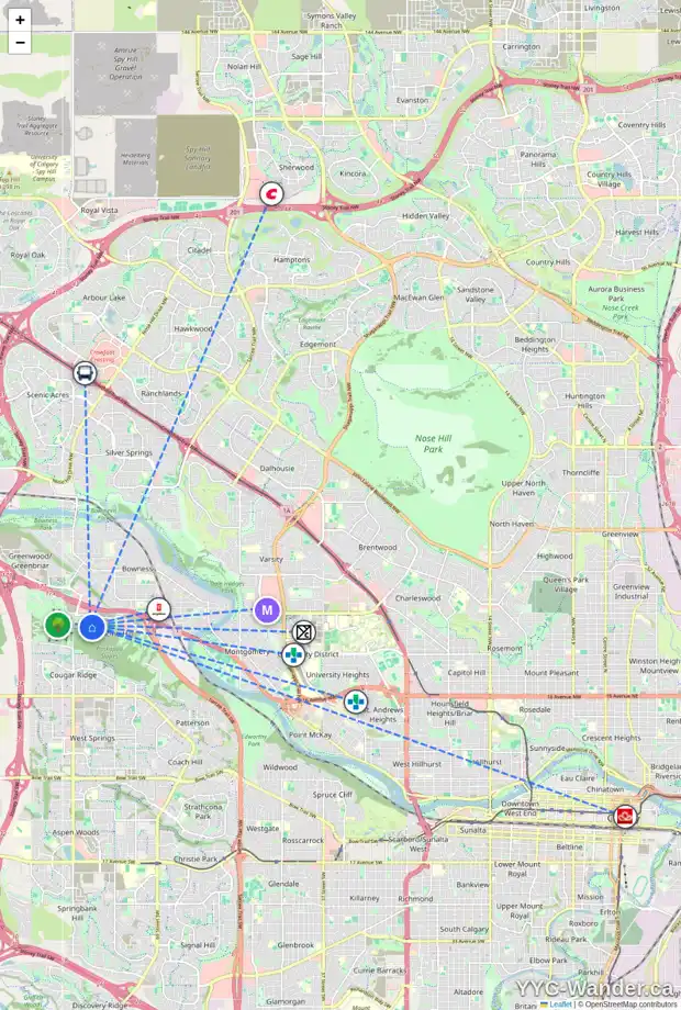 Daily accessibility map for 87 NA'A HT SW, Calgary showing nearby schools, grocery stores, parks, LRT stations and nearby amenities