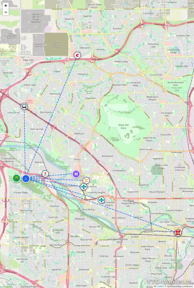 Daily accessibility map for 98 NA'A HT SW, Calgary showing nearby schools, grocery stores, parks, LRT stations and nearby amenities