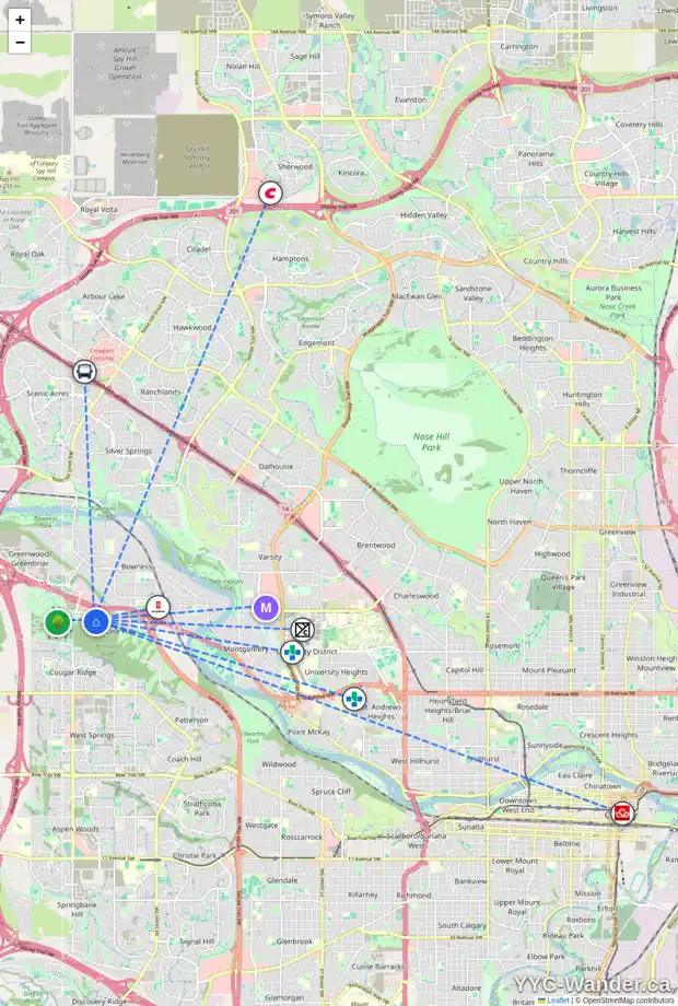 Daily accessibility map for 1835 NA'A DR SW, Calgary showing nearby schools, grocery stores, parks, LRT stations and nearby amenities