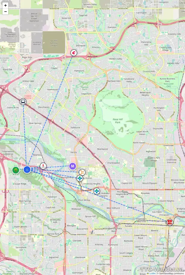 Daily accessibility map for 8 NA'A HT SW, Calgary showing nearby schools, grocery stores, parks, LRT stations and nearby amenities