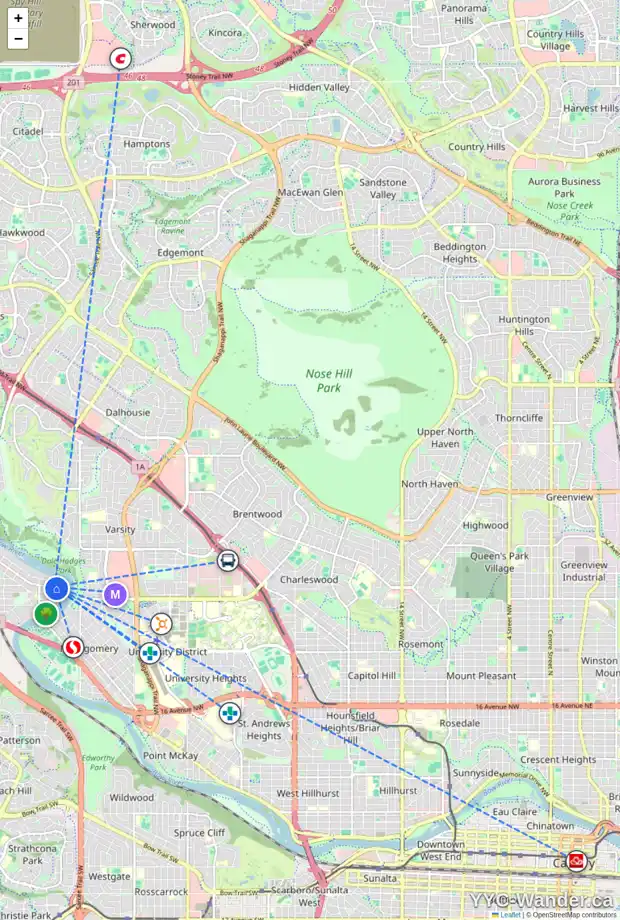 Daily accessibility map for 5918 BOWWATER CR NW, Calgary showing nearby schools, grocery stores, parks, LRT stations and nearby amenities
