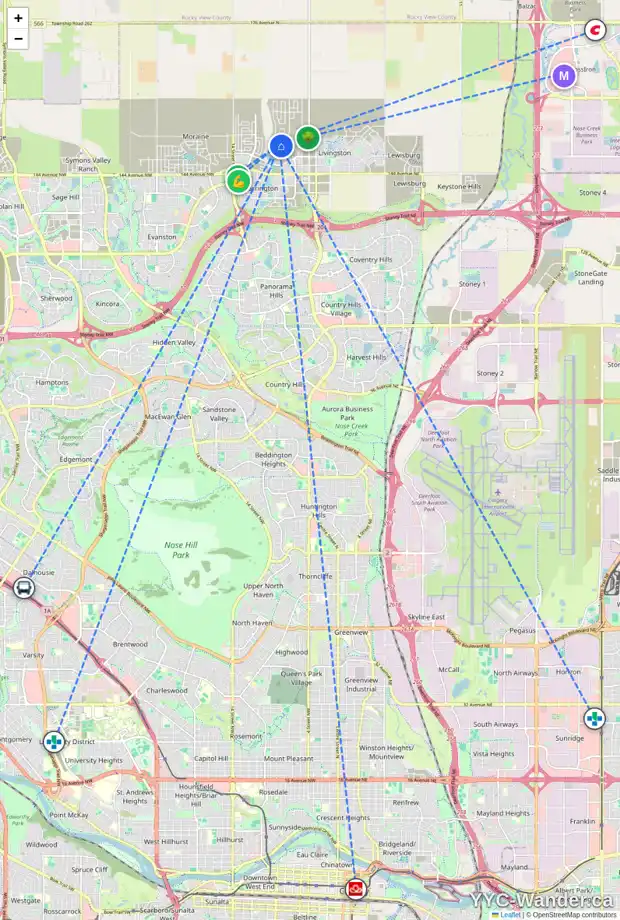 Daily accessibility map for 190 LUCAS TC NW, Calgary showing nearby schools, grocery stores, parks, LRT stations and nearby amenities