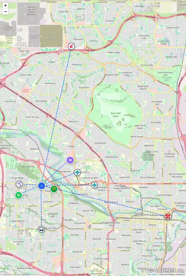 Daily accessibility map for 314 15 COUGAR RIDGE LD SW, Calgary showing nearby schools, grocery stores, parks, LRT stations and nearby amenities