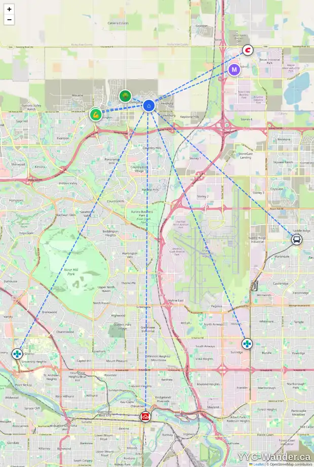 Daily accessibility map for 9 CALHOUN CR NE, Calgary showing nearby schools, grocery stores, parks, LRT stations and nearby amenities