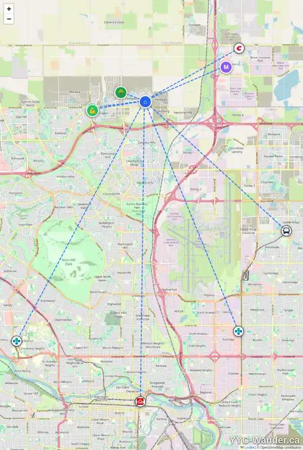 Daily accessibility map for 38 CALHOUN CR NE, Calgary showing nearby schools, grocery stores, parks, LRT stations and nearby amenities