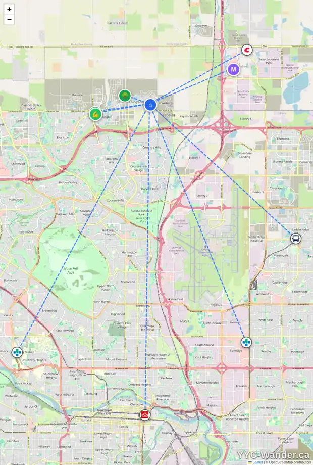Daily accessibility map for 46 CALHOUN CR NE, Calgary showing nearby schools, grocery stores, parks, LRT stations and nearby amenities