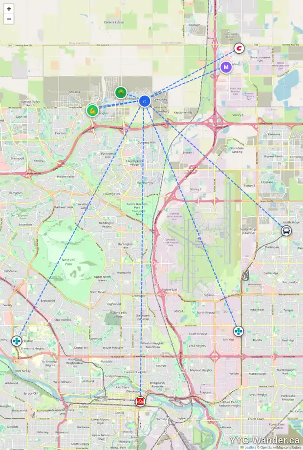 Daily accessibility map for 33 CALHOUN CR NE, Calgary showing nearby schools, grocery stores, parks, LRT stations and nearby amenities