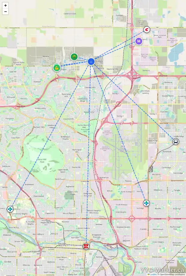 Daily accessibility map for 11 HERRON RI NE, Calgary showing nearby schools, grocery stores, parks, LRT stations and nearby amenities