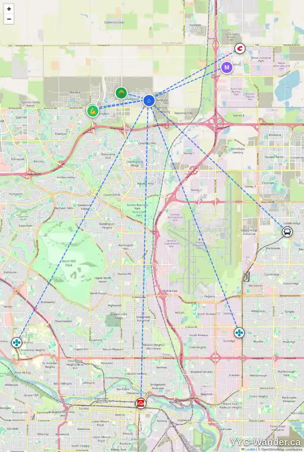 Daily accessibility map for 15 HERRON RI NE, Calgary showing nearby schools, grocery stores, parks, LRT stations and nearby amenities