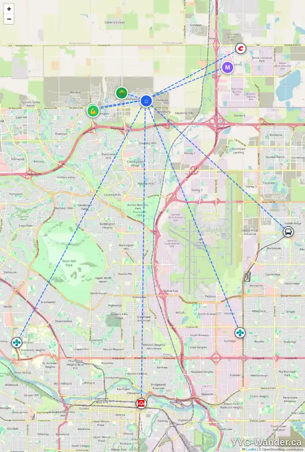 Daily accessibility map for 57 CALHOUN CR NE, Calgary showing nearby schools, grocery stores, parks, LRT stations and nearby amenities