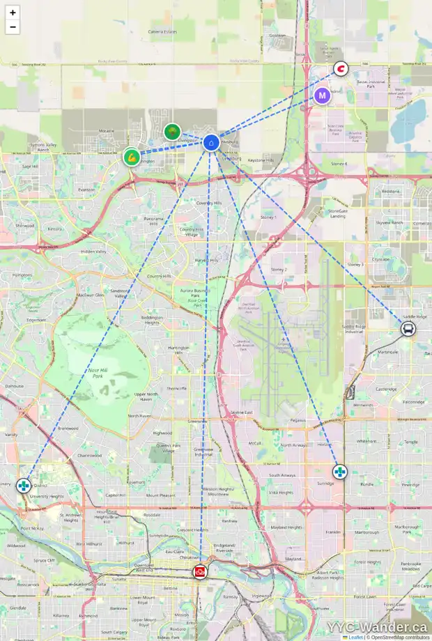 Daily accessibility map for 19 HERRON RI NE, Calgary showing nearby schools, grocery stores, parks, LRT stations and nearby amenities