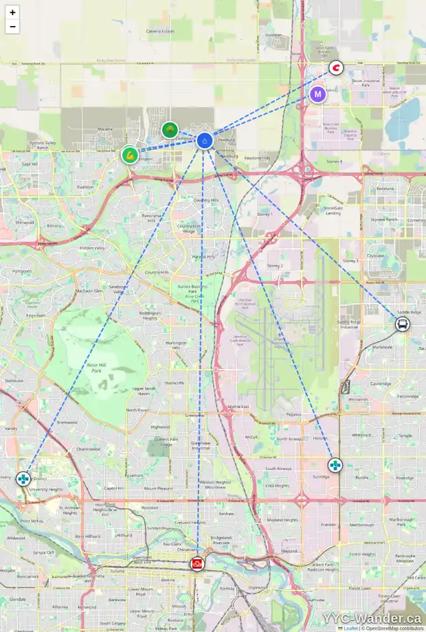 Daily accessibility map for 65 CALHOUN CR NE, Calgary showing nearby schools, grocery stores, parks, LRT stations and nearby amenities