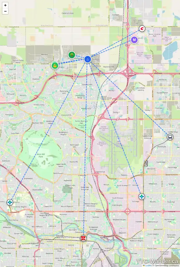 Daily accessibility map for 94 CALHOUN CR NE, Calgary showing nearby schools, grocery stores, parks, LRT stations and nearby amenities