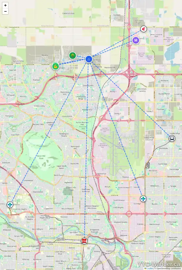 Daily accessibility map for 59 HERRON RI NE, Calgary showing nearby schools, grocery stores, parks, LRT stations and nearby amenities