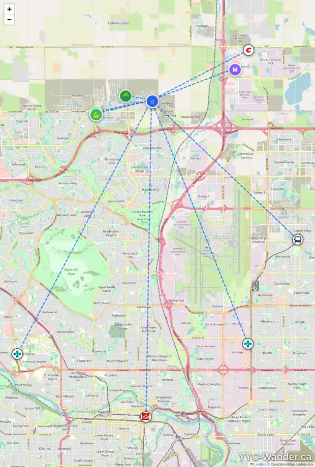 Daily accessibility map for 138 CALHOUN CR NE, Calgary showing nearby schools, grocery stores, parks, LRT stations and nearby amenities